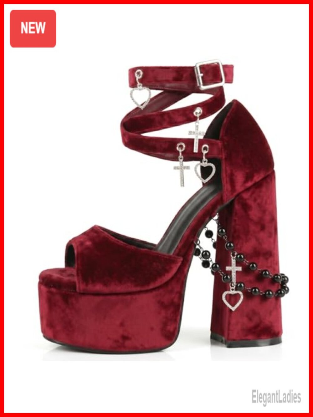 Velvet Platform Chunky Heels Pearl Chain Ankle Strap Open Toe Gothic